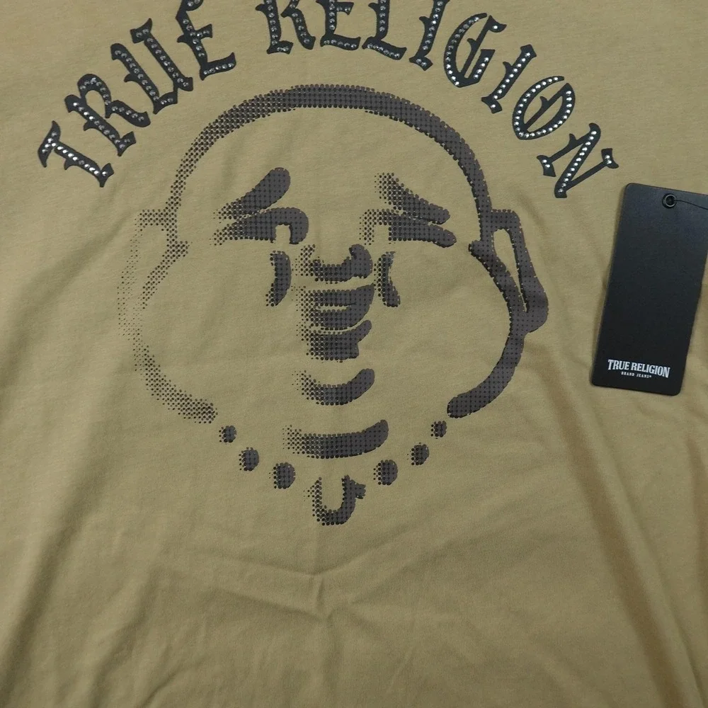 NEW True Religion Shirt Mens S Beige Stud Buddha Logo Tee T-Shirt Short Sleeve